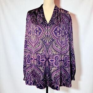 Chico’s Womens Plus Long Sleeve Pleat Scroll Satin Blouse Purple Lotus Petal XXL